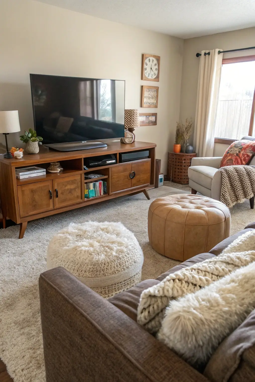 Mid-century modern TV stand with rounded edges and corners, creating a softer and family-friendly living room atmosphere