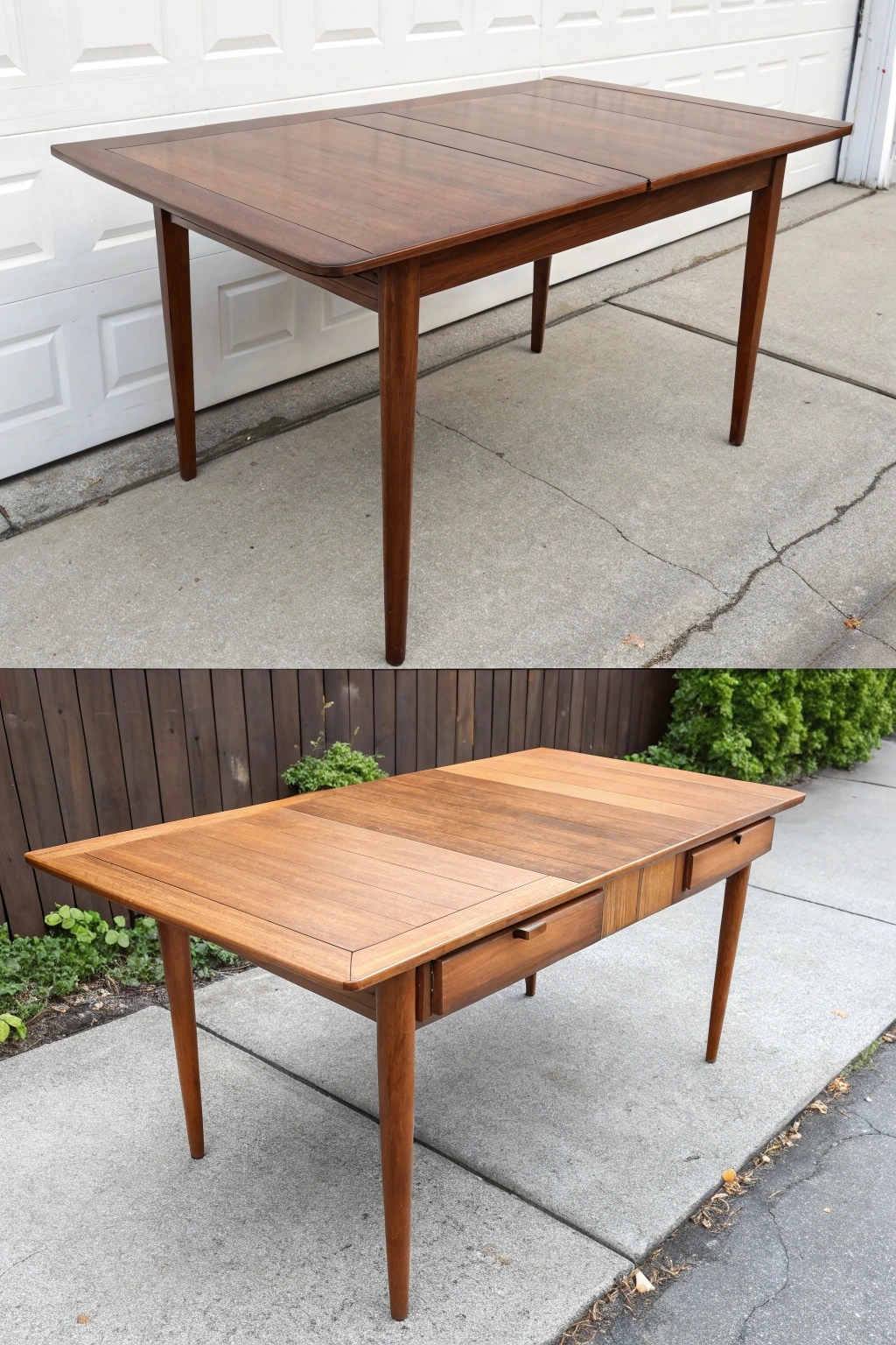 Mid century modern dining table shown extended with leaves.