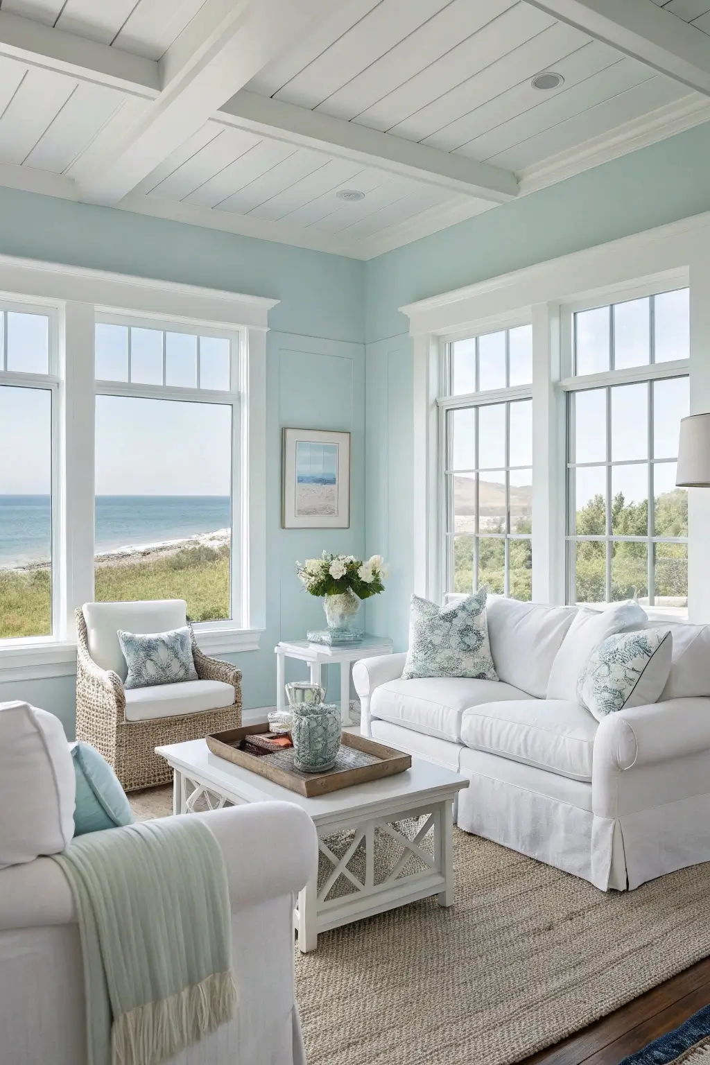 A classic and calming living room, light blue walls, white furniture, serene atmosphere, coastal style, natural light