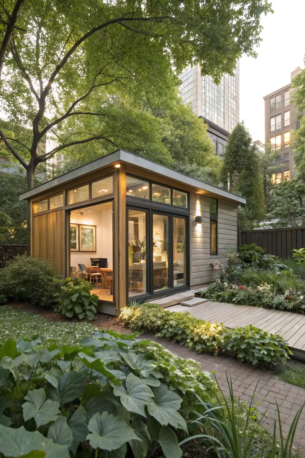 Backyard studio cabin plan in a garden.