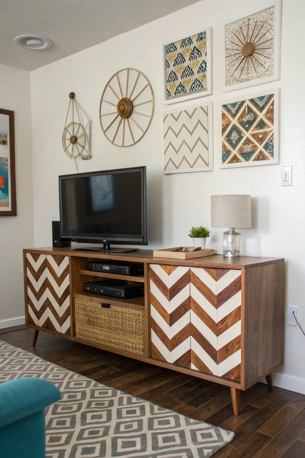 Mid-century modern TV stand with a chevron wood pattern on the doors, adding geometric detail to a modern living room.