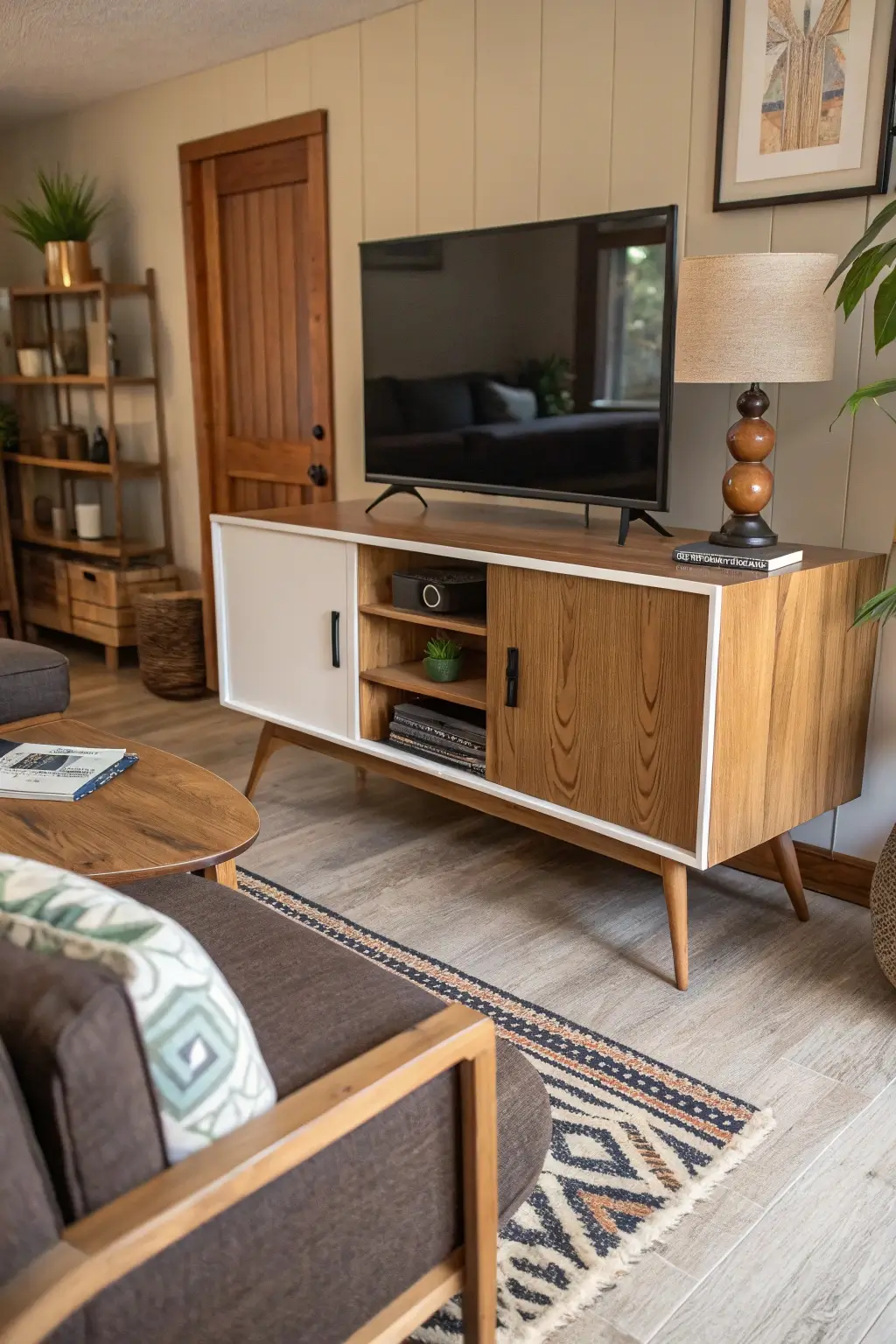 Floating mid-century modern media console mounted on a wall, creating a minimalist and spacious feel in a modern living room.