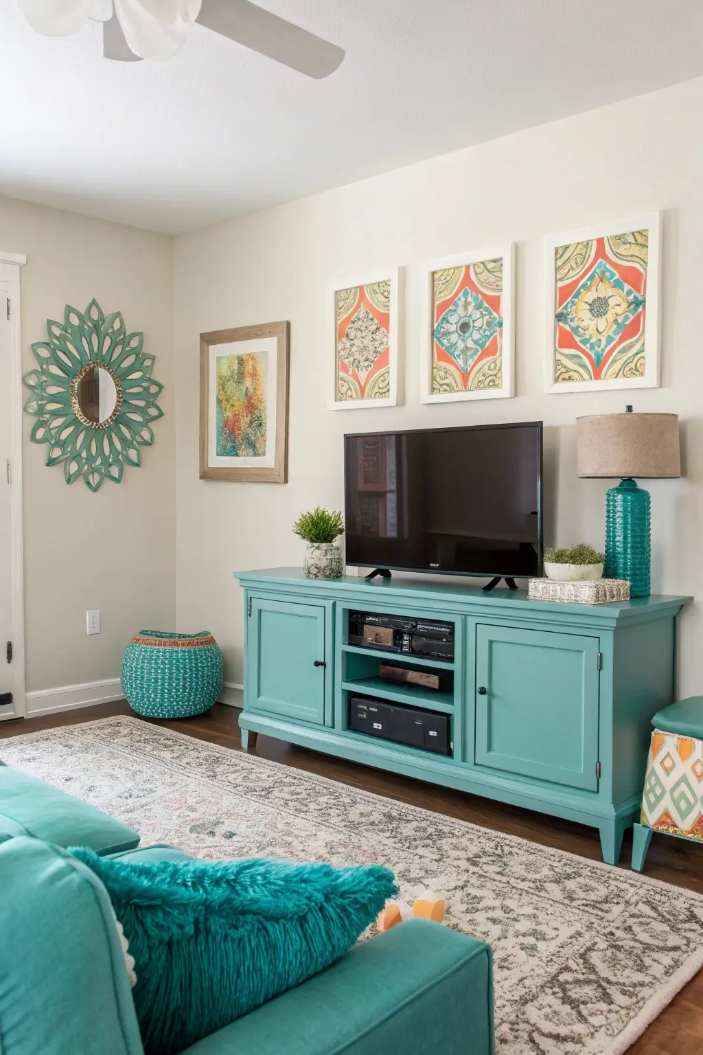 Mid-century modern TV stand painted in muted teal, adding a pop of color to a neutral living room setting.