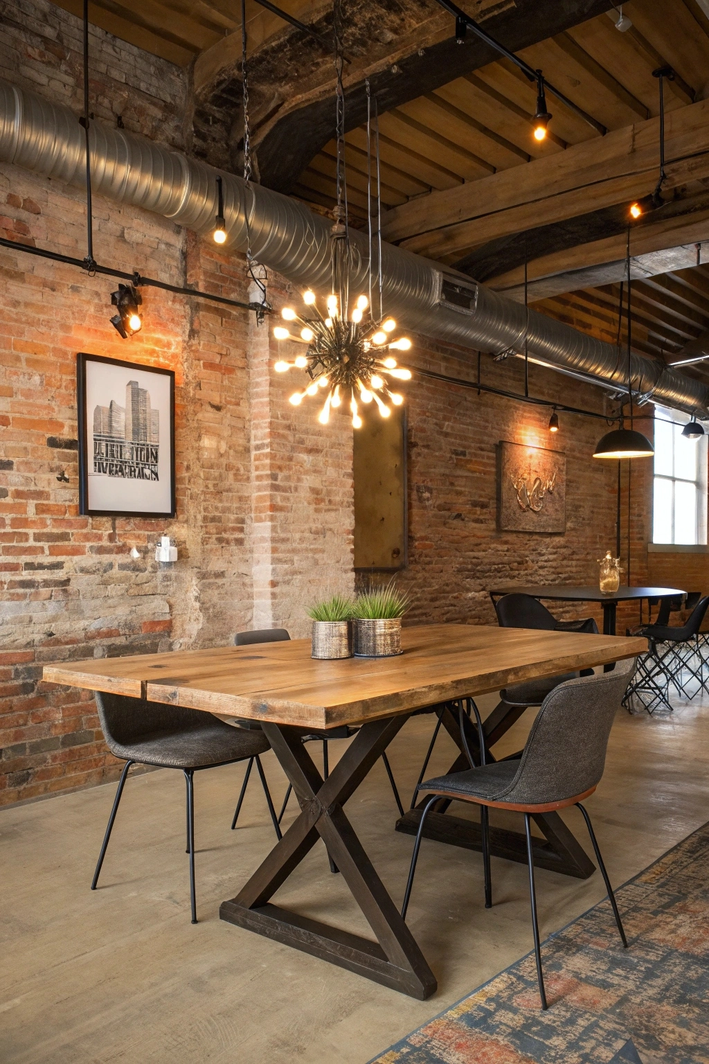 Rustic industrial mid century modern dining table.