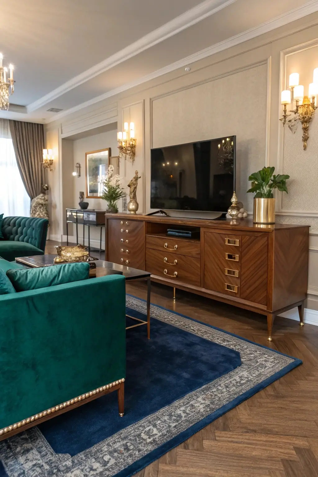 Elegant teak credenza repurposed as a mid-century modern TV stand, styled with jewel-toned accents in a luxurious living room.