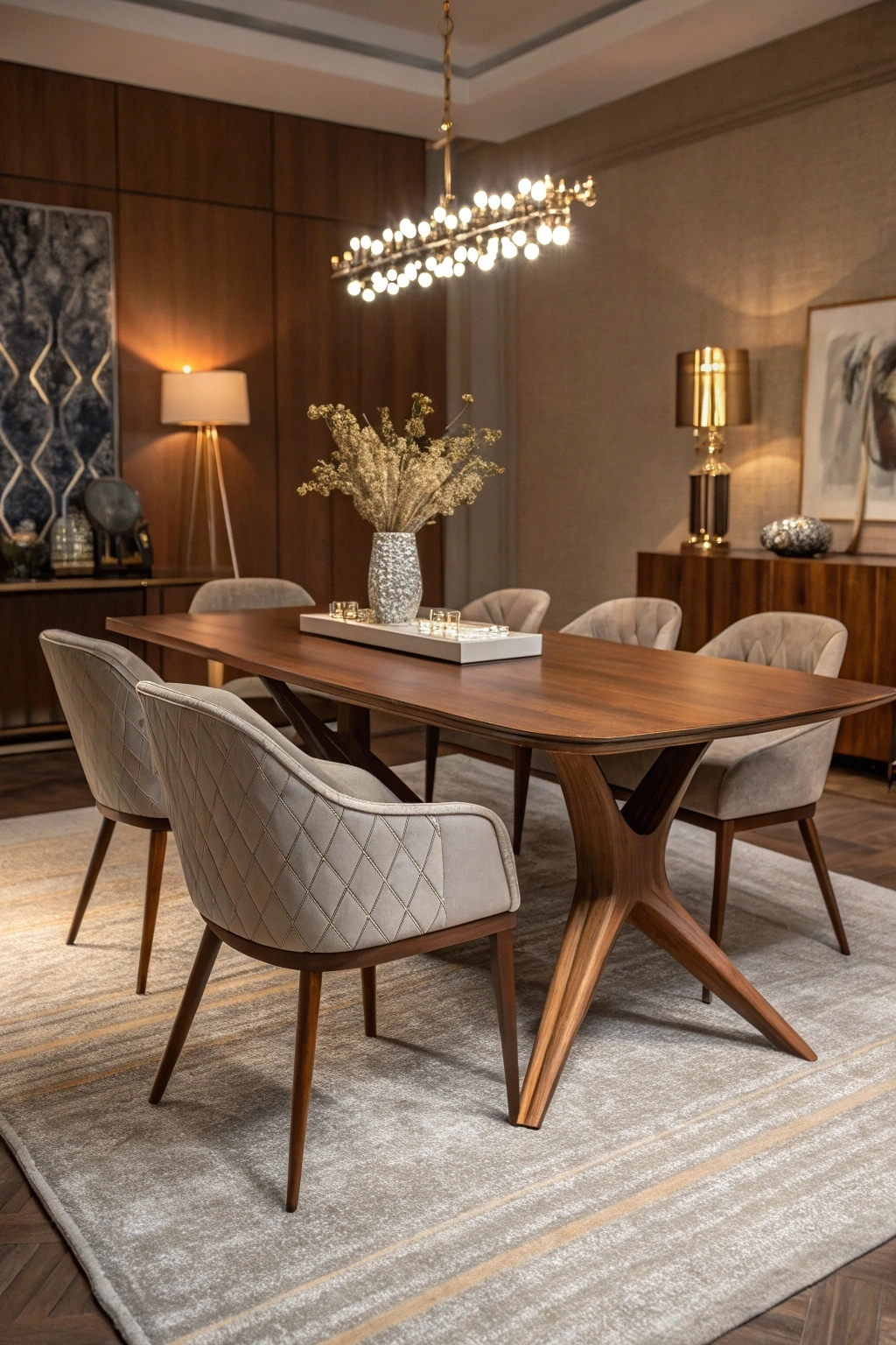 Walnut angled leg mid century modern dining table.