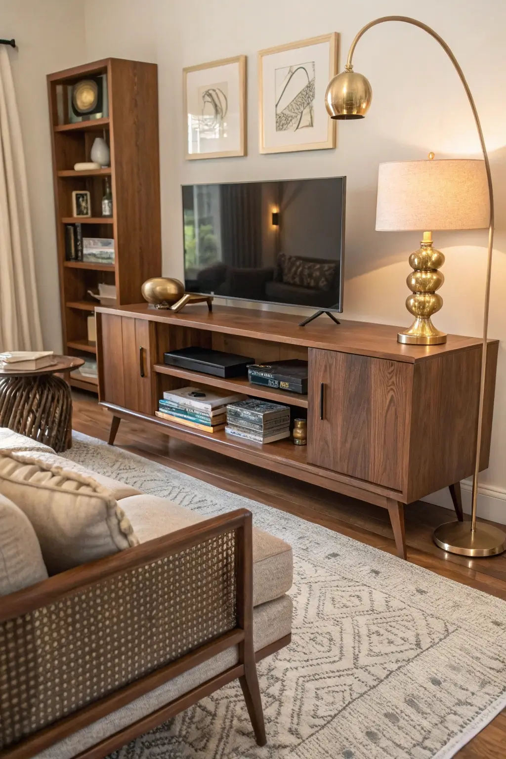 Classic walnut mid-century modern TV stand with open shelving and tapered legs, styled in a neutral living room with vintage decor.