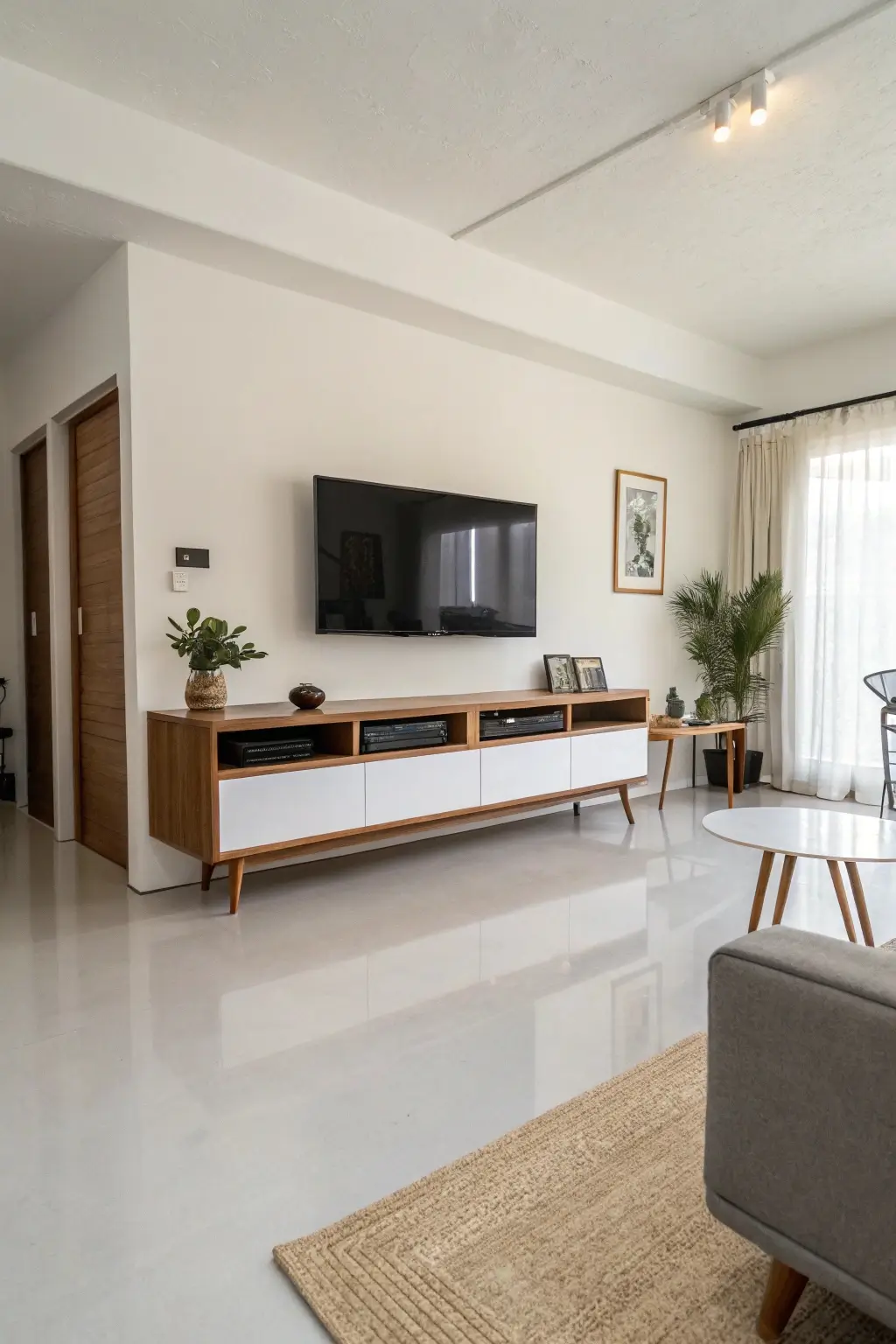 Floating mid-century modern media console mounted on a wall, creating a minimalist and spacious feel in a modern living room.