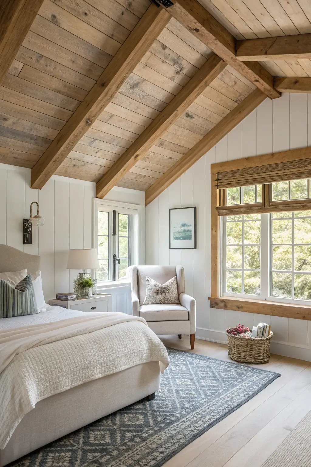 Modern cabin bedroom, exposed wooden ceiling beams