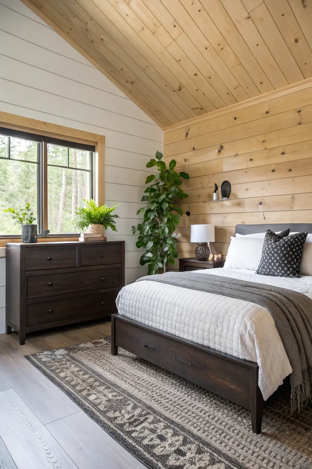 Modern cabin bedroom, light wood paneling feature wall behind the bed, dark wood furniture