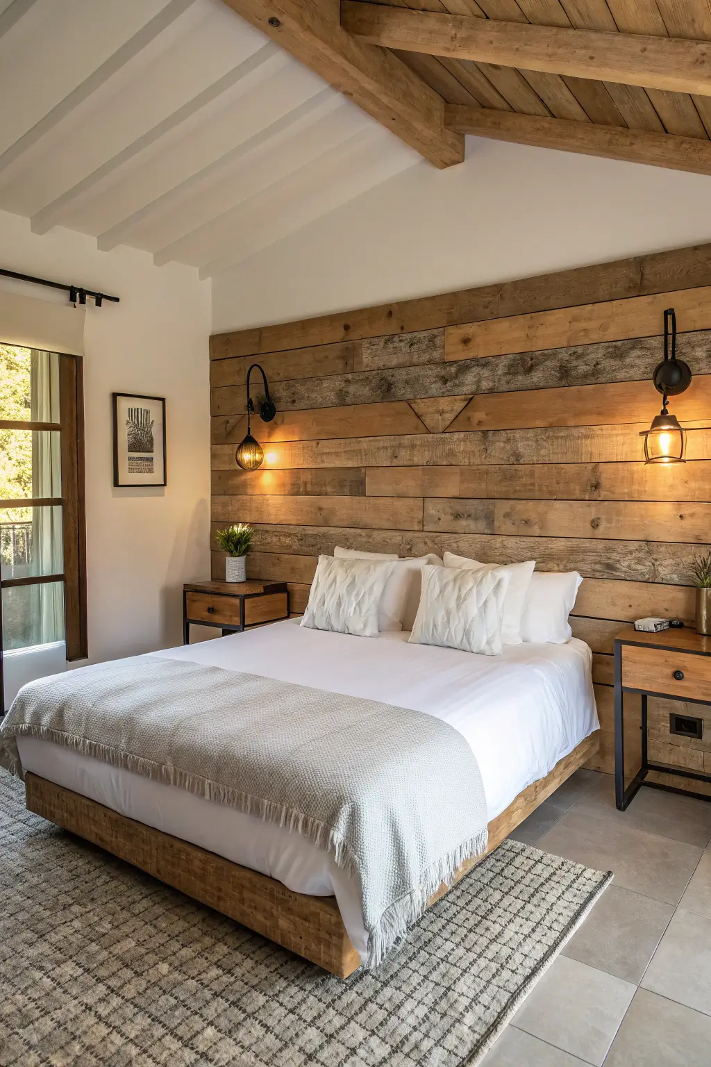 Modern cabin bedroom, prominent reclaimed wood headboard