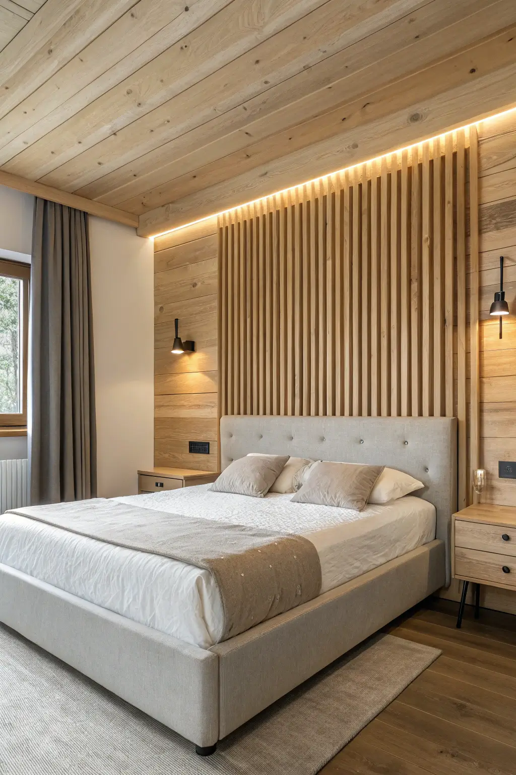 Modern cabin bedroom, wood slat accent wall behind the bed