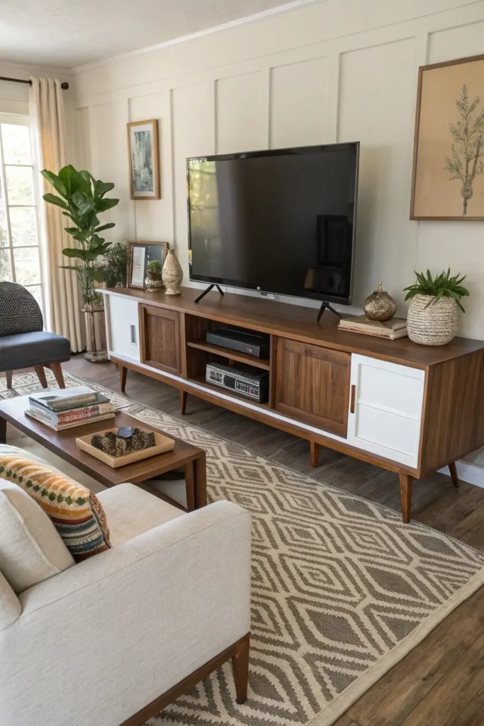 Extendable mid-century modern TV console shown in its compact form, adaptable and space-saving for a versatile living room.