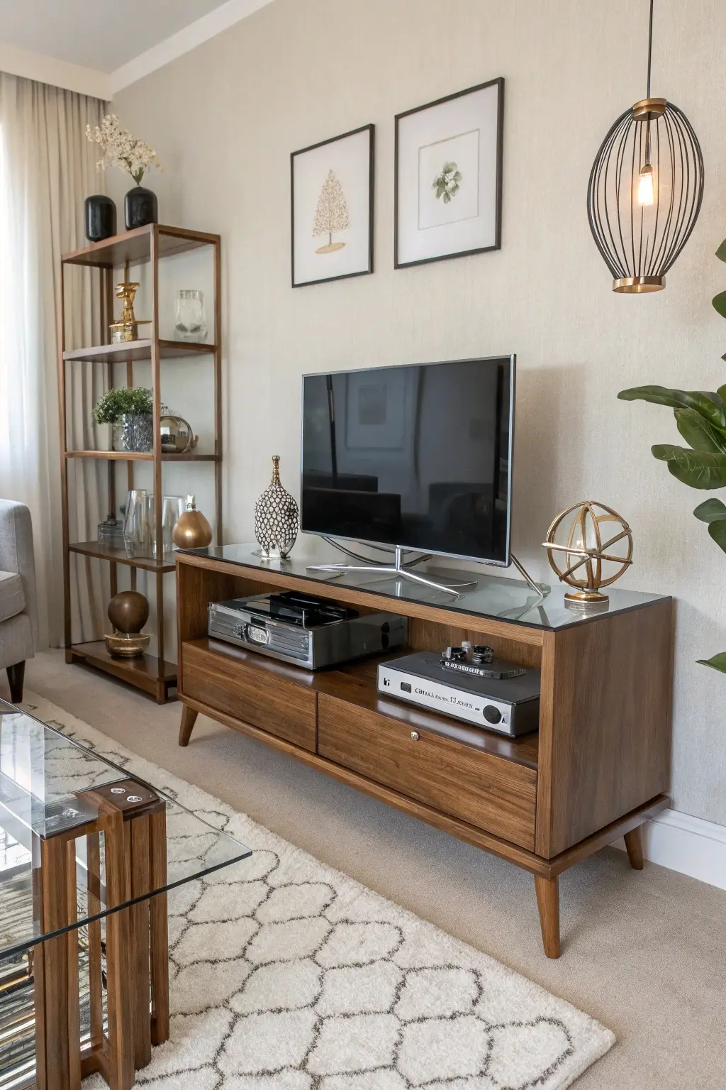 Modern mid-century modern TV stand with a glass top and wooden frame in a sleek, contemporary living room.