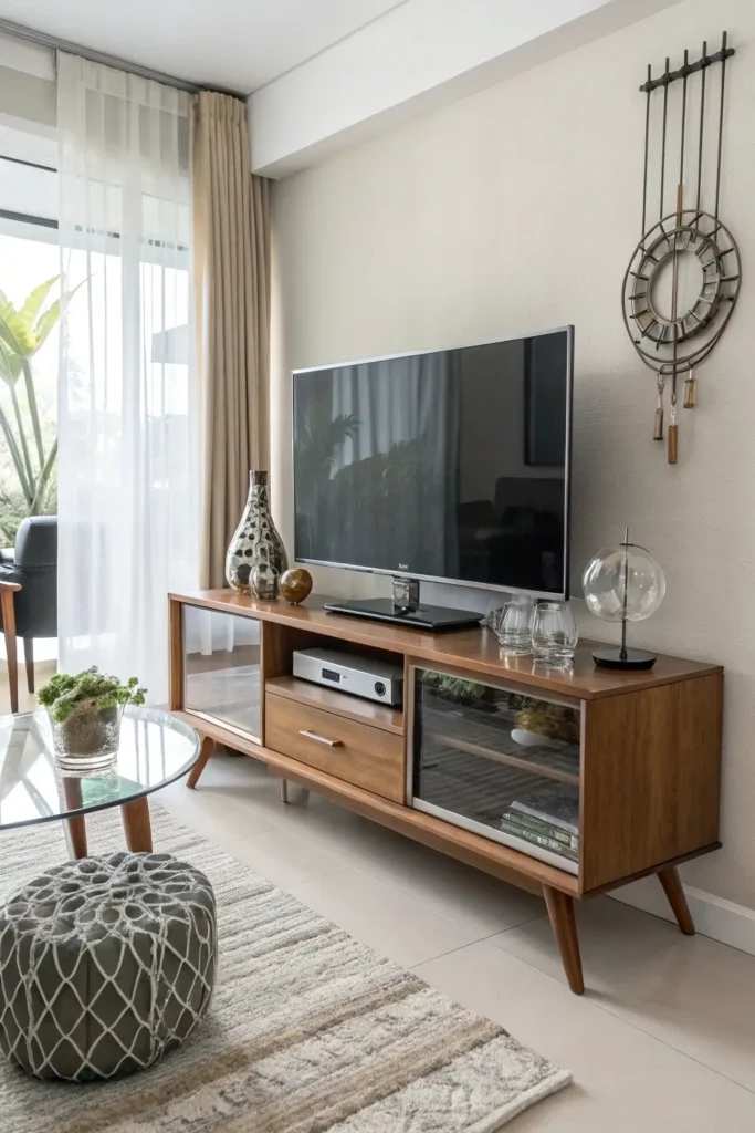 Extendable mid-century modern TV console shown in its extended form, providing extra length for larger TVs and gatherings.