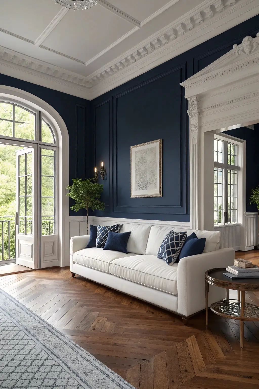 A classic living room, navy blue walls, white trim, white sofa with navy pillows, hardwood floors, natural light, elegant and sophisticated