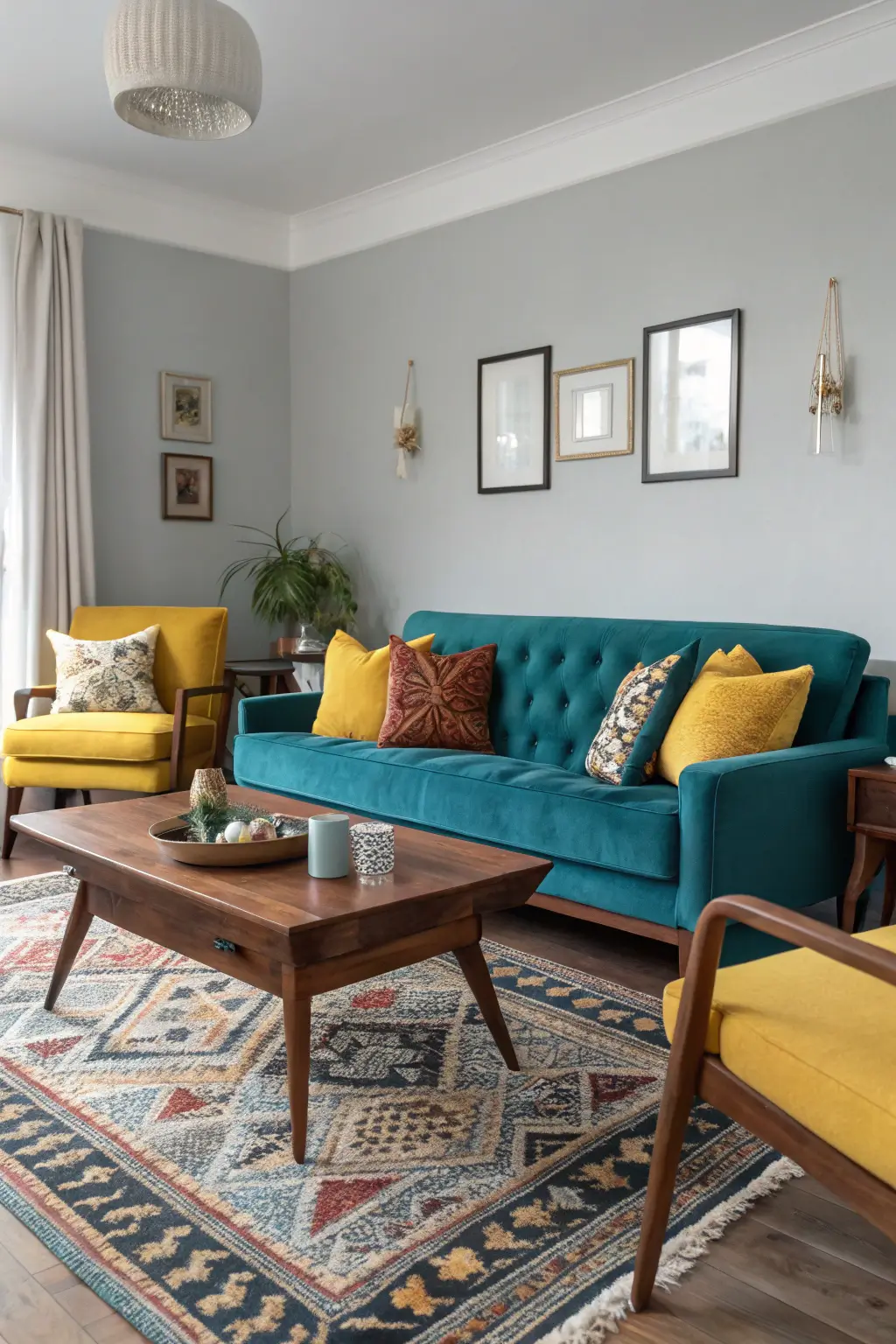 Mid-century modern living room design featuring a teal sofa with mustard yellow throw pillows and a walnut coffee table, showcasing a bold and retro color palette.
