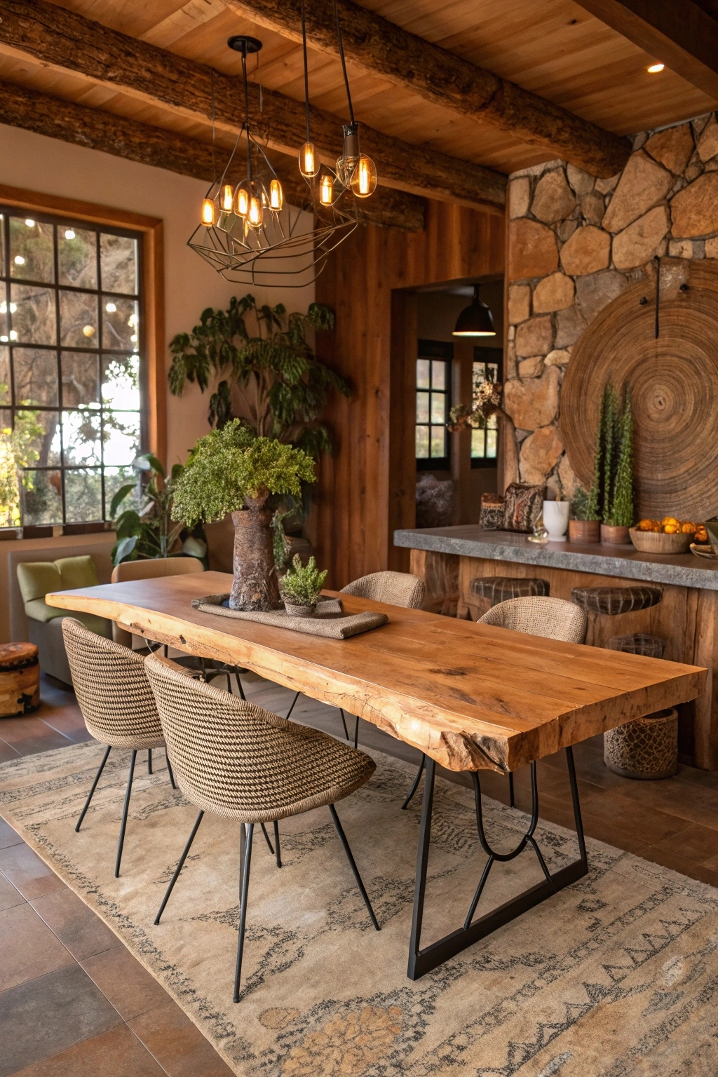 Live edge wood mid century modern dining table.