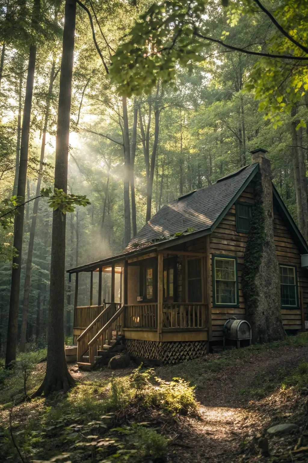 Secluded forest cabin plan nestled in trees.