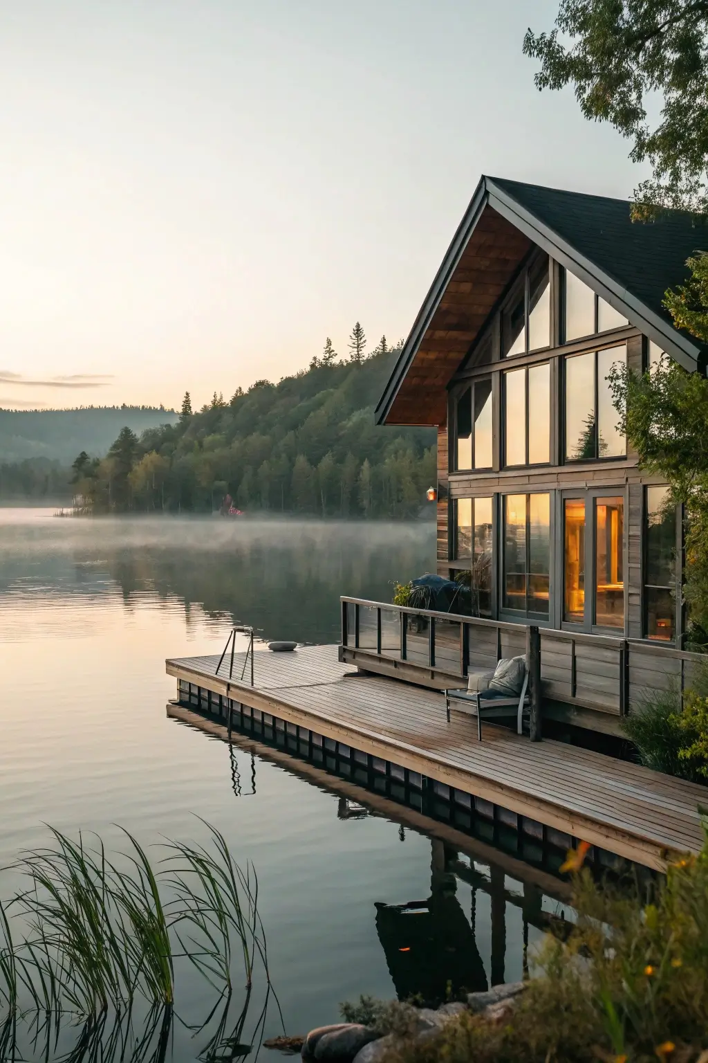 Serene lakeside cabin plan on calm water.