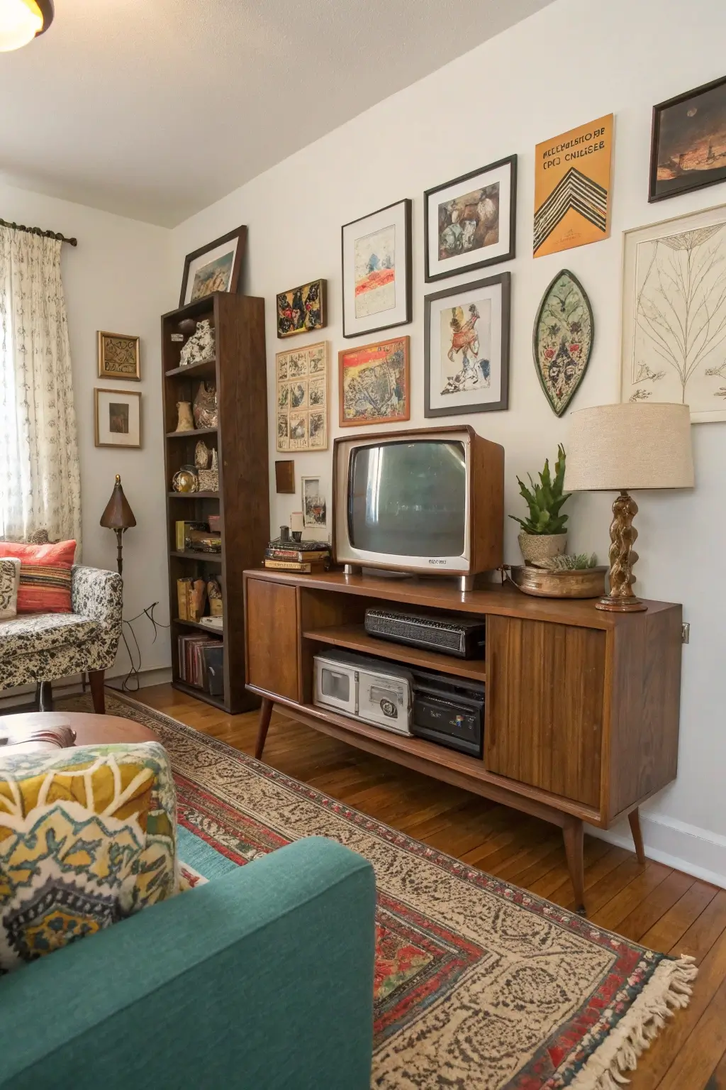 Narrow hall console repurposed as a unique mid-century modern TV stand in a small, eclectic living room.