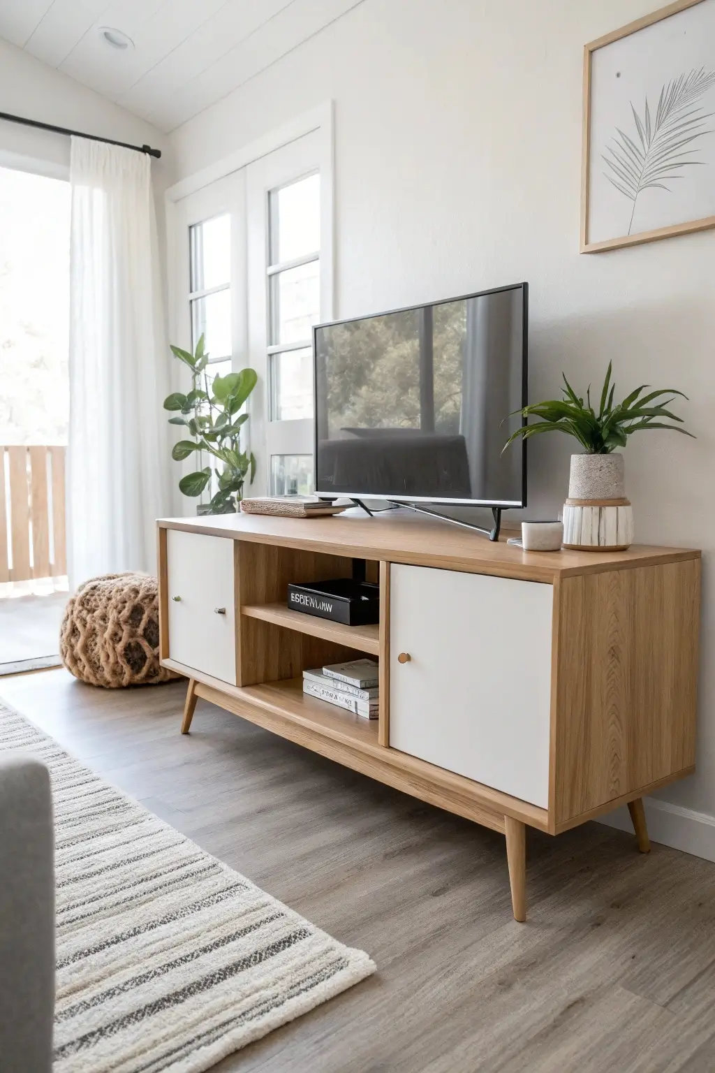 Minimalist light wood mid-century modern media console with sliding doors in a small, modern living room.