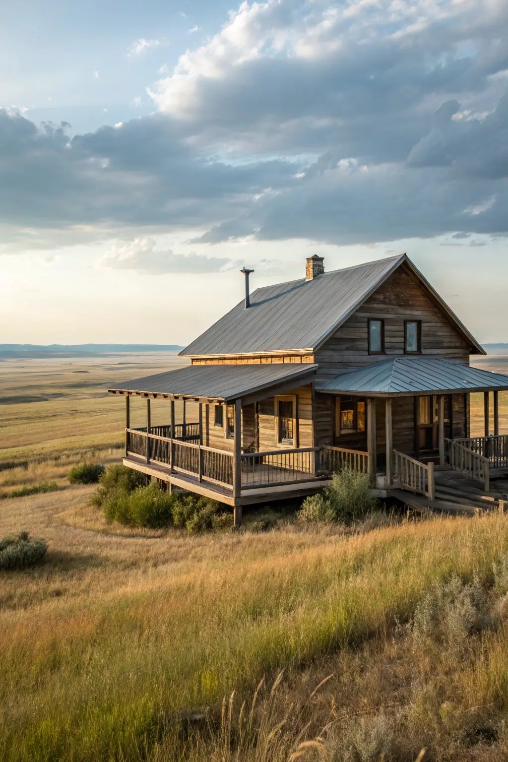 Prairie cabin plan on open grasslands.