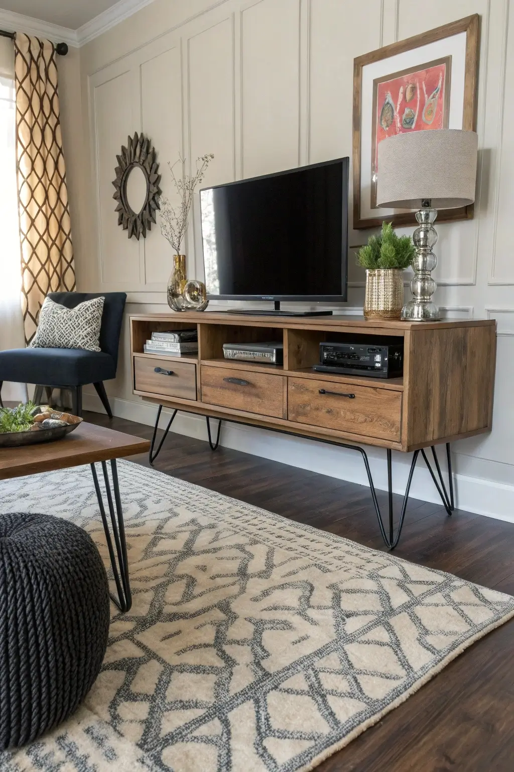 Mid-century modern media console with black metal hairpin legs, styled with bold decor and a statement rug for industrial chic.