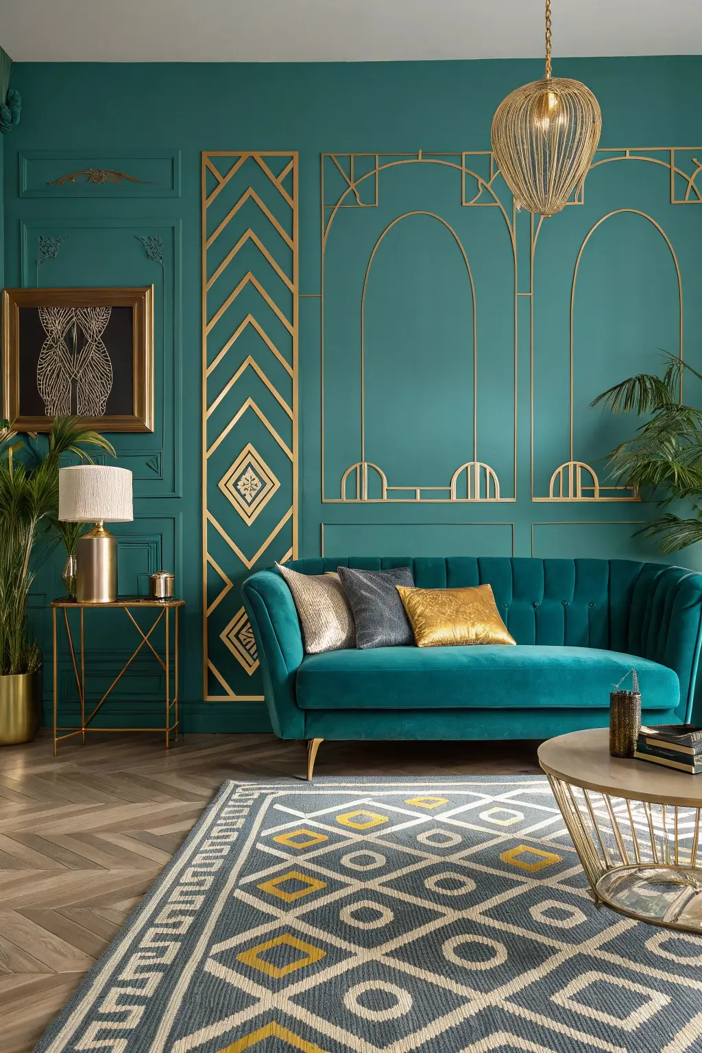 A contemporary living room, teal accent wall, gold accents, velvet sofa, geometric rug, art deco style, vibrant and luxurious