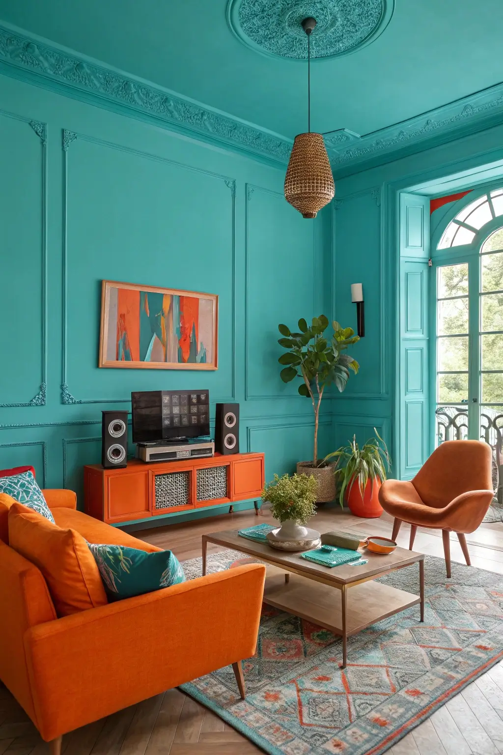 A vibrant living room, turquoise walls, orange accents, eclectic furniture, energetic atmosphere, contemporary style