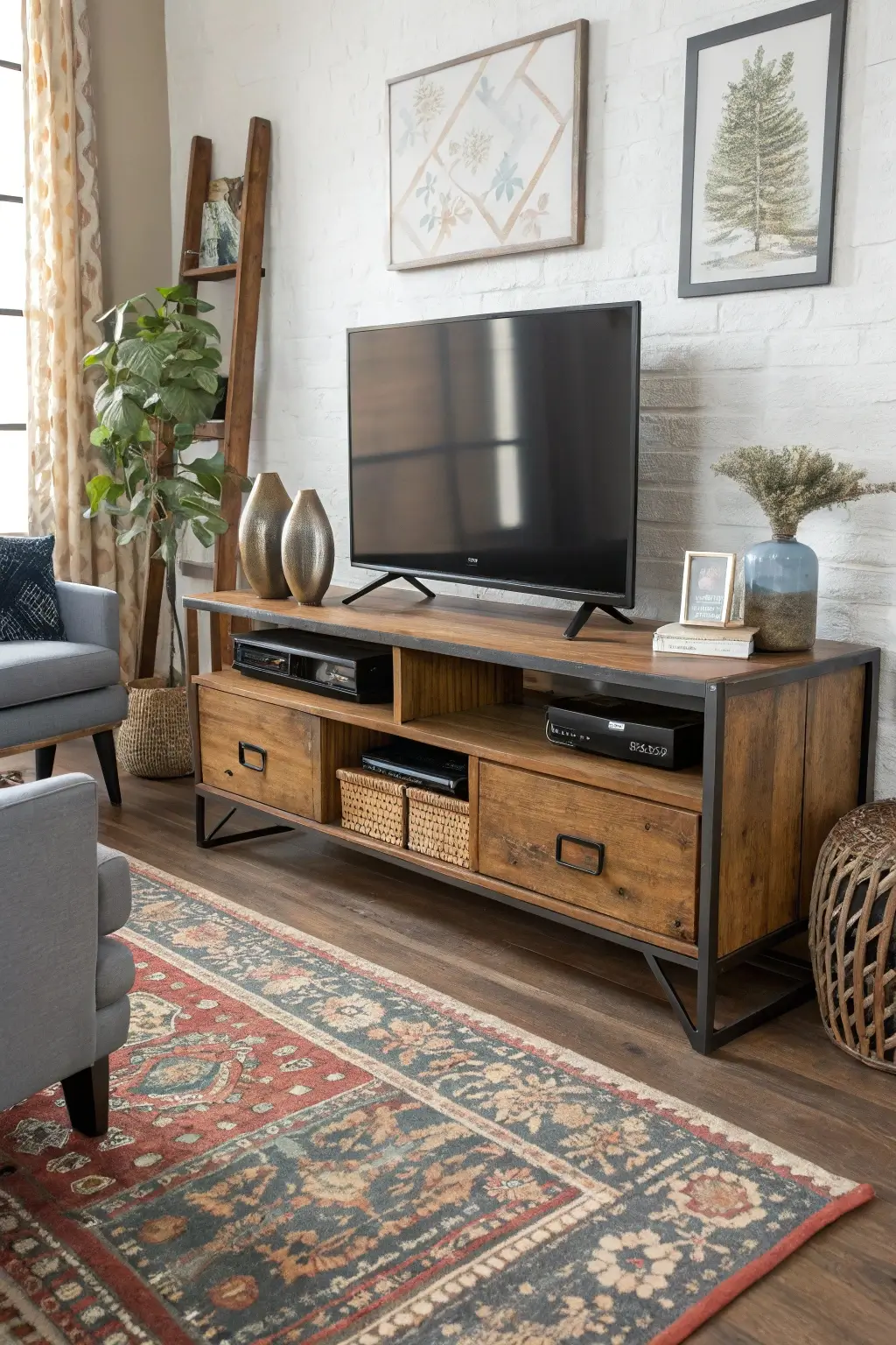 Long, low-profile mid-century modern console in a wide living room, creating a sleek and spacious horizontal design.