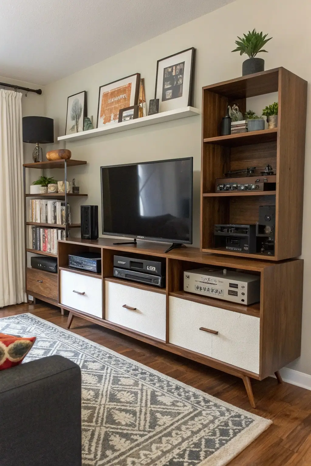 Modular mid-century modern media unit in a stacked configuration, showcasing its customizable storage and adaptability.