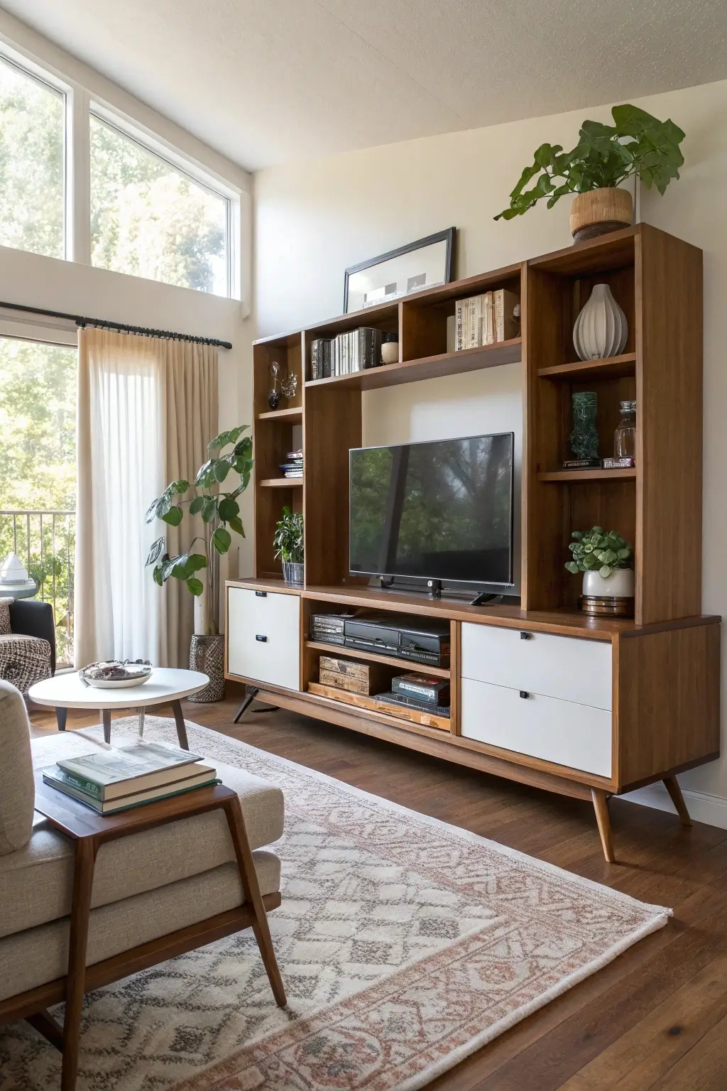 Modular mid-century modern media unit in a spread-out configuration, highlighting its customizable display and versatile design.