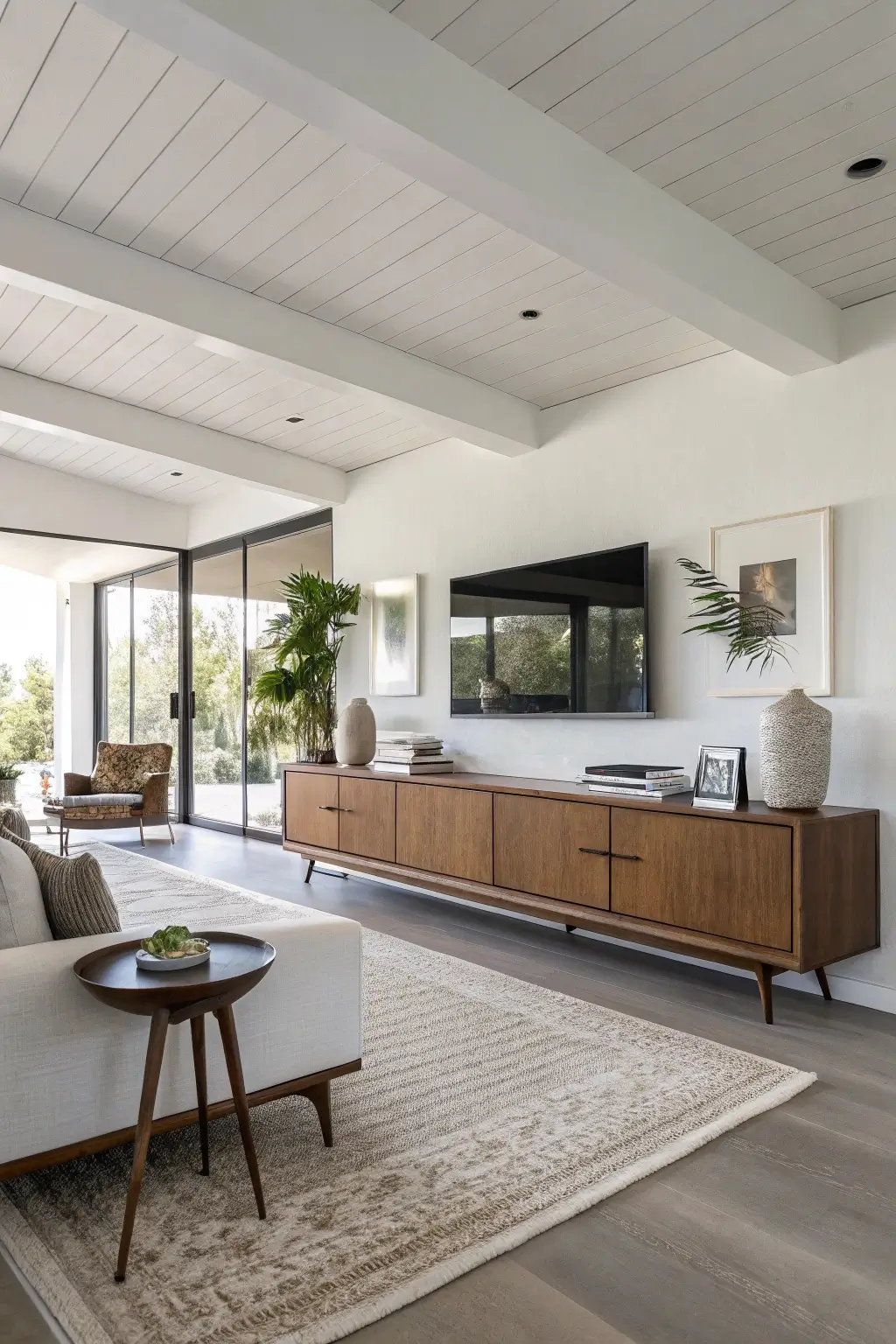 Mid-century modern TV stand designed as a record player console with vinyl storage, creating a cozy listening nook.