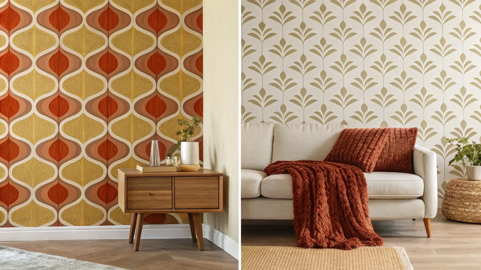 Styling tips for rooms with mid century modern wallpaper, showing examples of furniture, lighting, and decor coordination