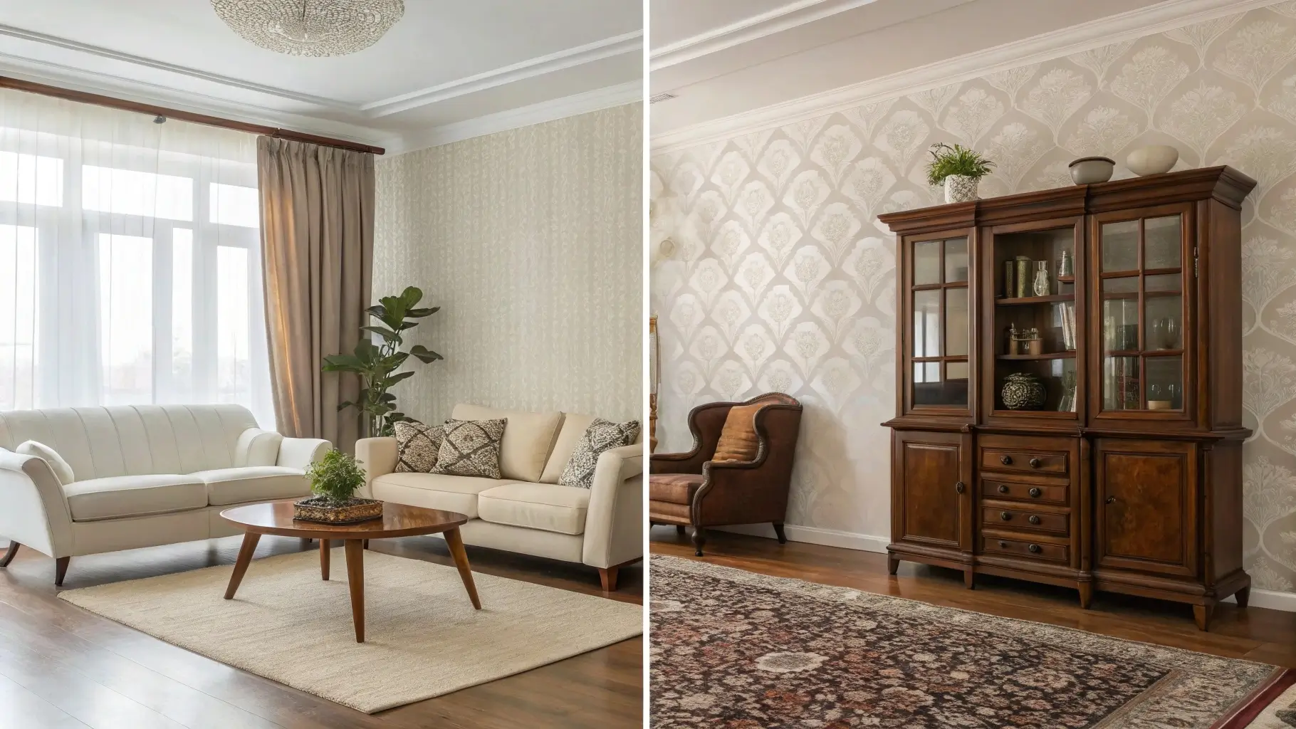 Examples of rooms showcasing mid century modern wallpaper with compatible furniture and decor styles