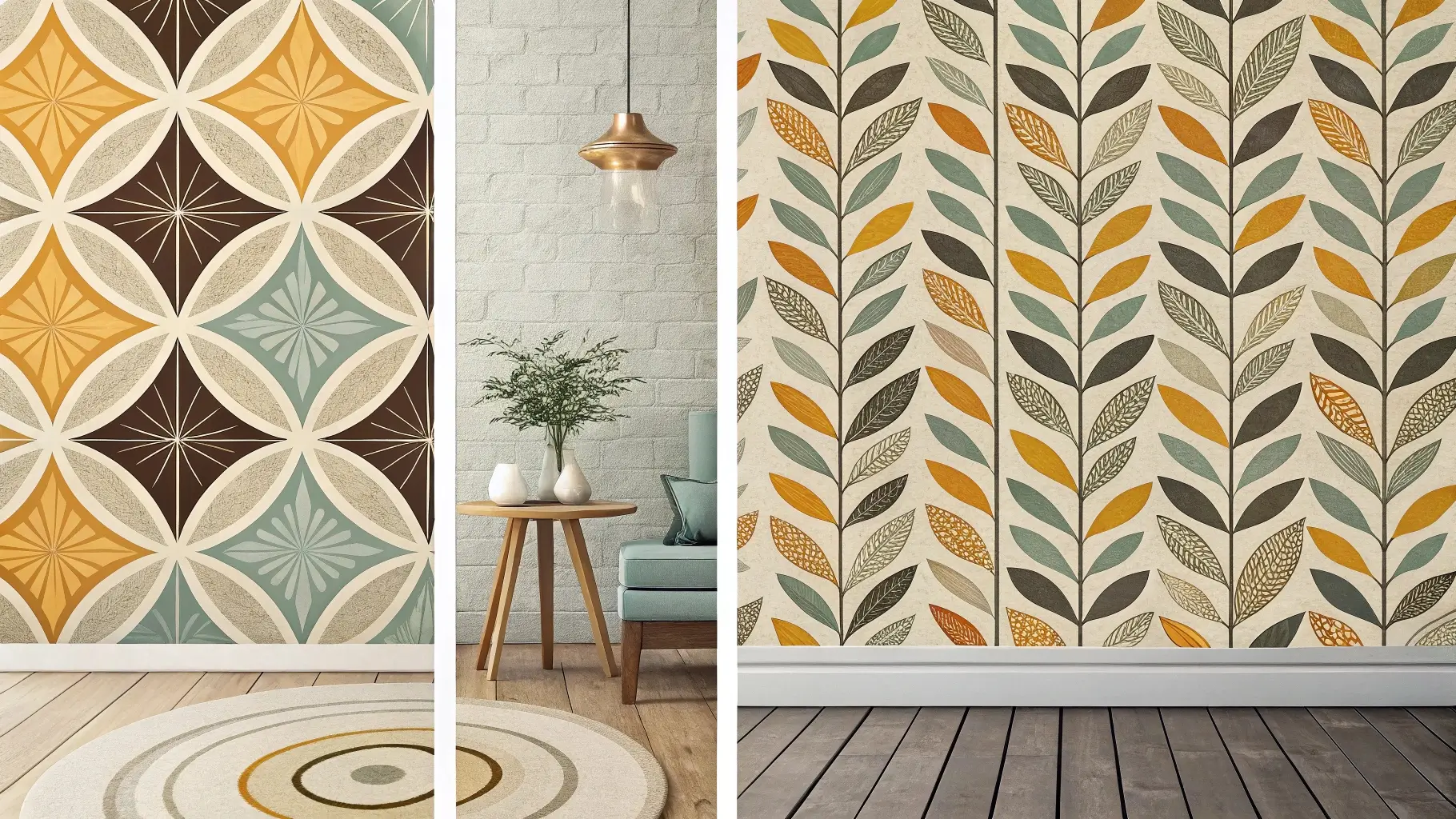 Examples of popular mid century modern wallpaper patterns including geometric, atomic, and organic designs