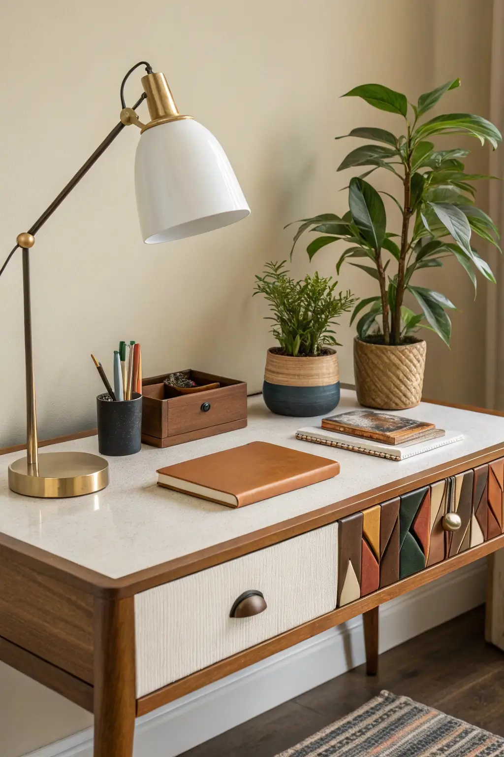 Example of a beautifully styled Mid Century Modern desk with minimalist accessories and a cohesive color palette, creating an inspiring and functional workspace.