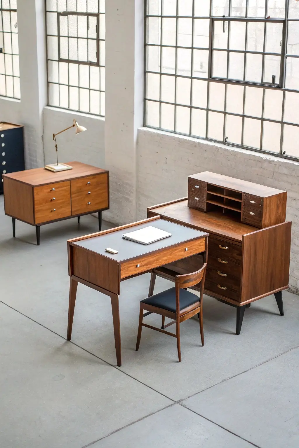 Visual guide showcasing different Mid Century Modern desk styles, wood materials (walnut, teak, oak), and size options to help choose the right desk.