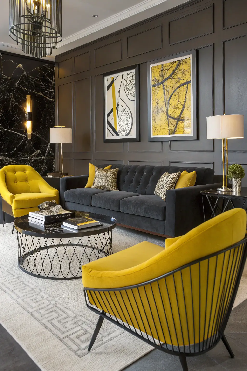 Bold mid-century modern living room design with sunshine yellow accent chairs against a charcoal grey sofa, creating a dynamic and modern contrast.
