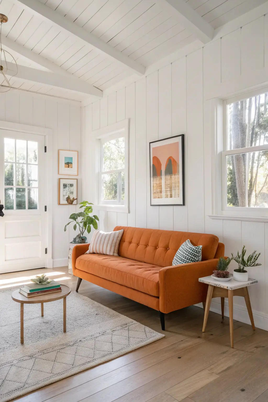 Bright mid-century modern living room in tangerine and white, showcasing a fresh and cheerful design with vibrant orange accents.
