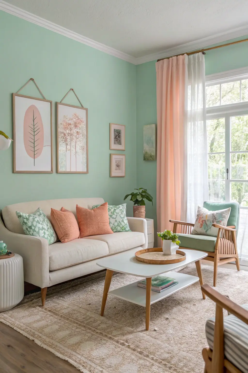 Soft mid-century modern living room with mint green walls and peach textiles, exemplifying a delicate and dreamy pastel color scheme.
