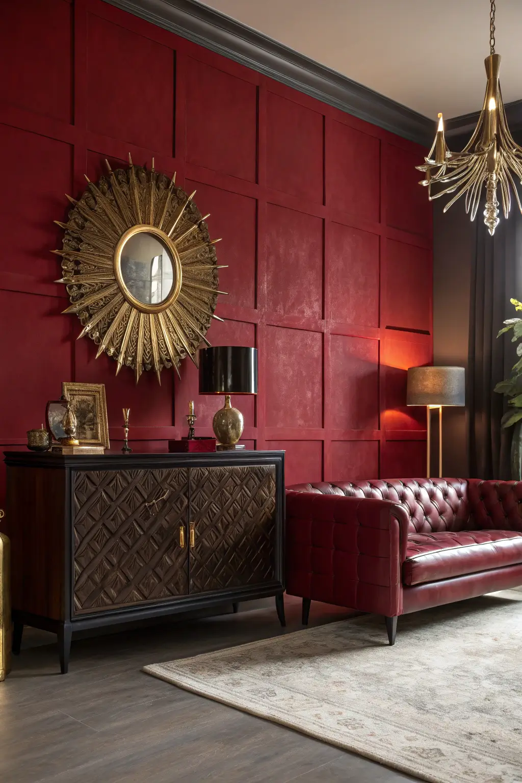 Dramatic mid-century modern living room design with a crimson red accent wall and dark wood furniture, creating a bold and vintage glamour.
