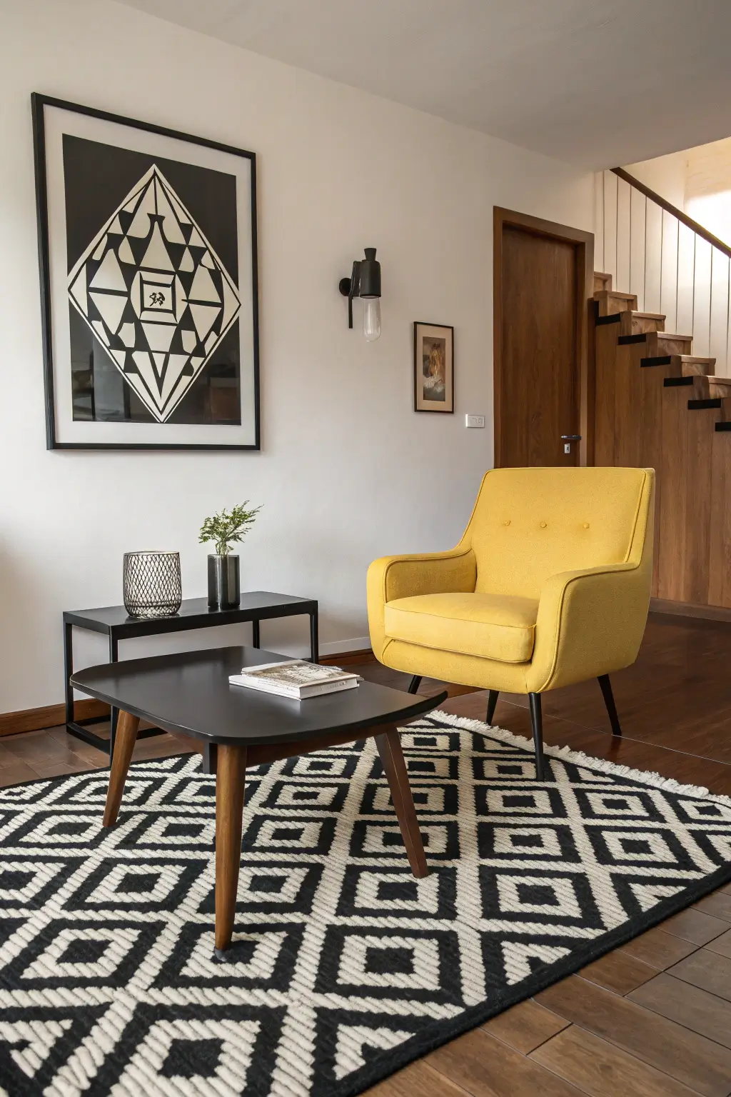 Graphic mid-century modern living room design with lemon yellow accents and a black and white patterned rug, creating a striking and energetic space.
