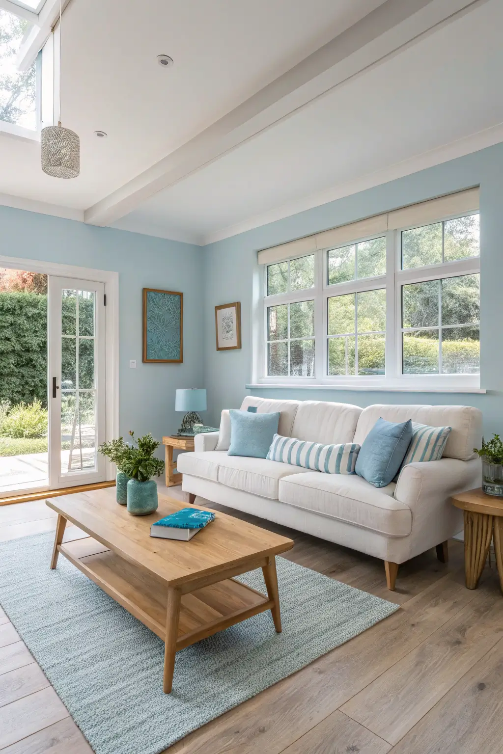 Light and airy mid-century modern living room in sky blue and oak, illustrating a fresh and cheerful design with bright tones.
