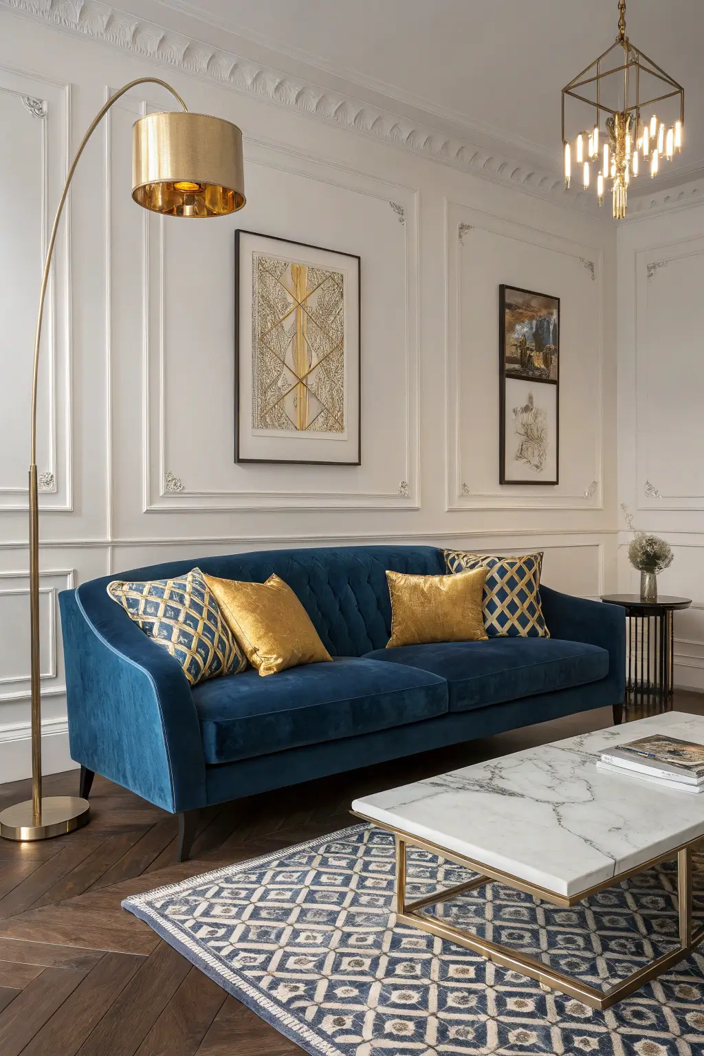 Luxurious mid-century modern living room design with sapphire blue velvet sofa and golden accents, showcasing an elegant and regal color scheme.
