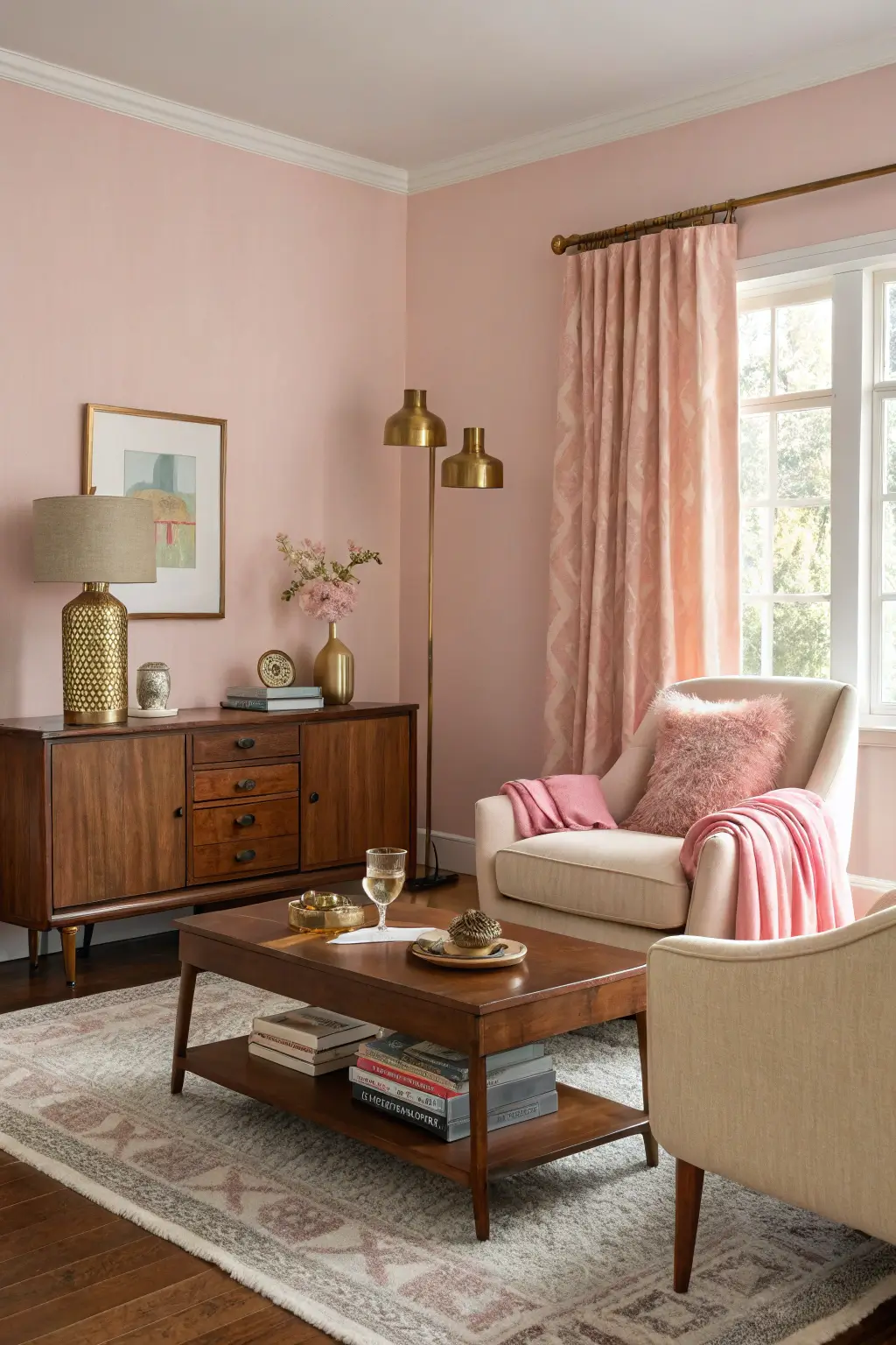 Living room with soft pink walls and walnut furniture, exemplifying a warm and inviting mid-century modern design with pops of pink.
