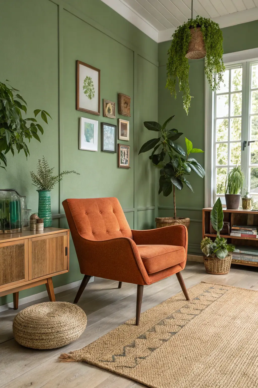 Example of a mid-century modern living room in avocado green and burnt orange, creating an earthy yet vibrant retro atmosphere.
