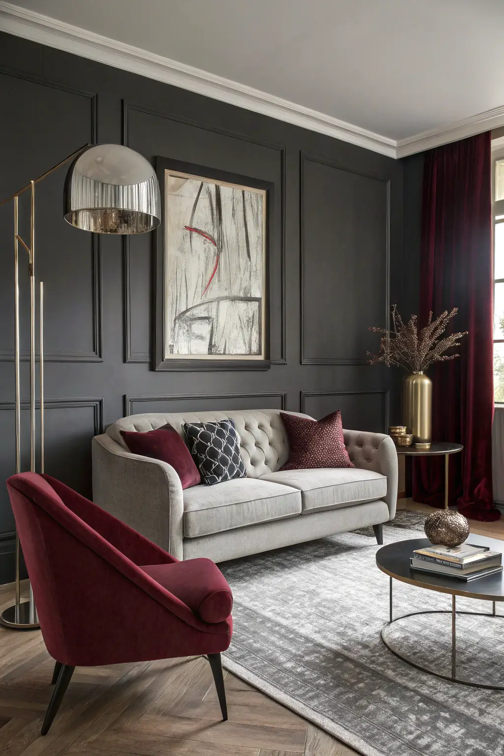 Moody and chic mid-century modern living room with a grey sofa and burgundy armchair, showcasing a sophisticated and dramatic color scheme.
