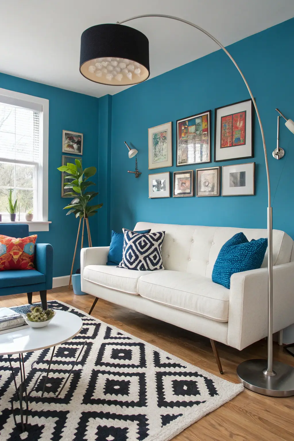 Modern and playful mid-century modern living room design with an electric blue accent wall and chrome accents, creating an energetic and pop-art inspired space.
